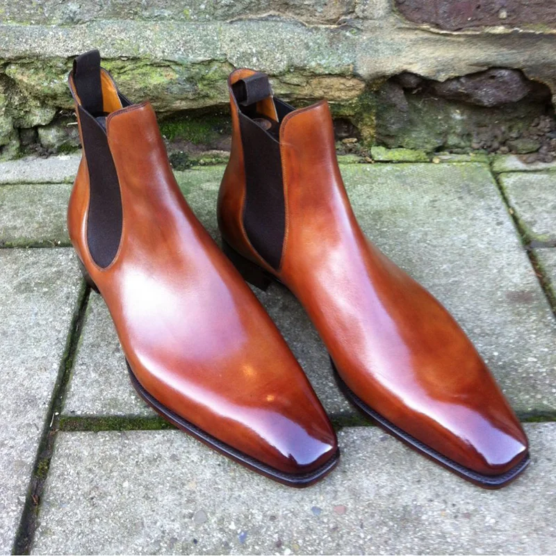 

Men Fashion Trend Dress Shoes Handmade High-grade Brown PU Polished Square Toe Low-heel Elegant Gentleman Chelsea Boots HL827