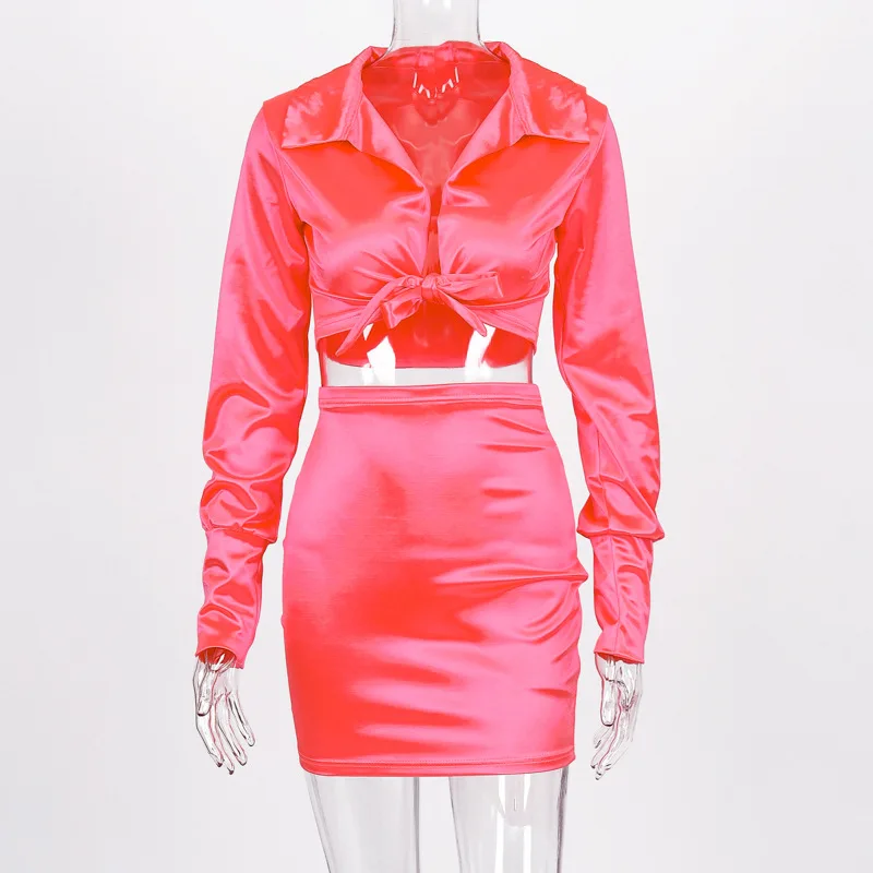 

WDBOO Satin Shirt Skirt Two Piece Set Neon Pink Lapel Collar Crop Top Mini Skirt Sexy Club Casual Clothing Sets Women Spring
