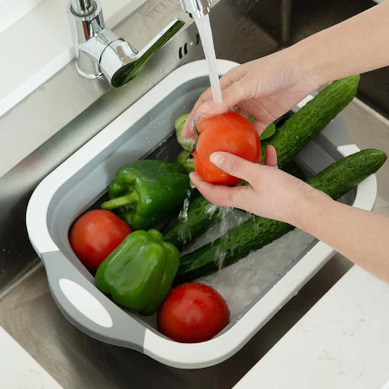 Multifunctional Folding Cutting Board Basket Collapsible Dish Tub With Draining Plug Colander Fruits Vegetable Storage | Дом и сад