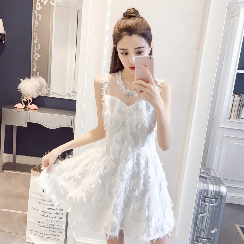 

New Fashion Ladies Feather Tassel Embroidered Lace Vest Dress Fashion Sexy Temperament Girl Party Casual Beach Dress