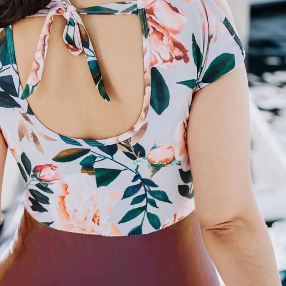 Женский слитный купальник с принтом бикини короткими рукавами на бретельках