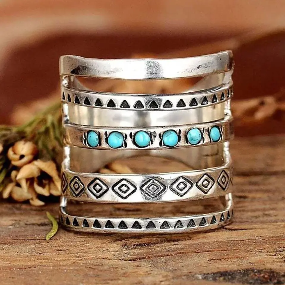 

New Fashion Boho Engraved Ring Hollow Vintage Punk Turquoise Silver Plated Female Ring Banquet Party Jewelry Gift Ring кольца