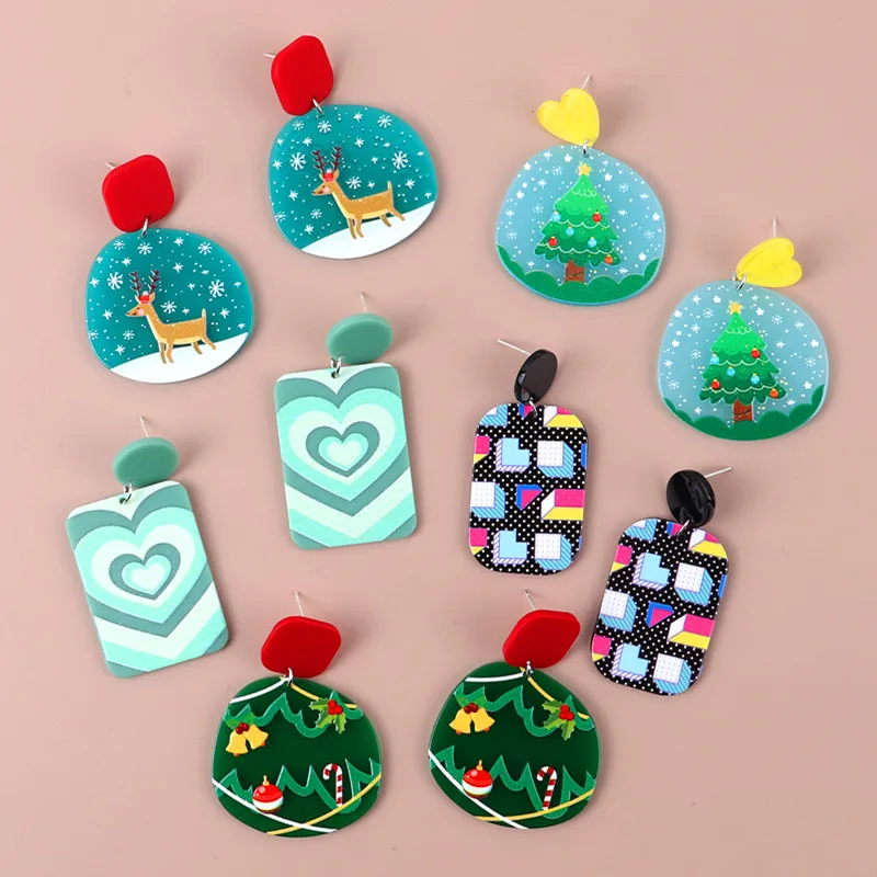 

FishSheep New Acrylic Christmas Tree Snowman Drop Earrings For Women Cute Geometric Winter Xmas Print Dangle Earrings Jewelry