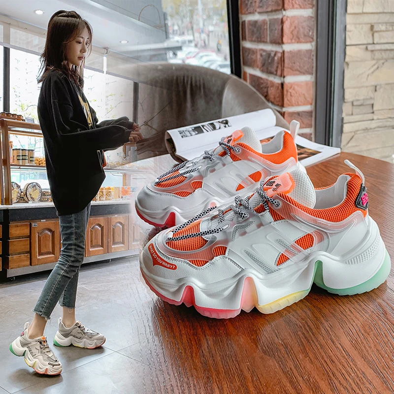 Женские кроссовки на массивной подошве повседневные сетчатые радужной