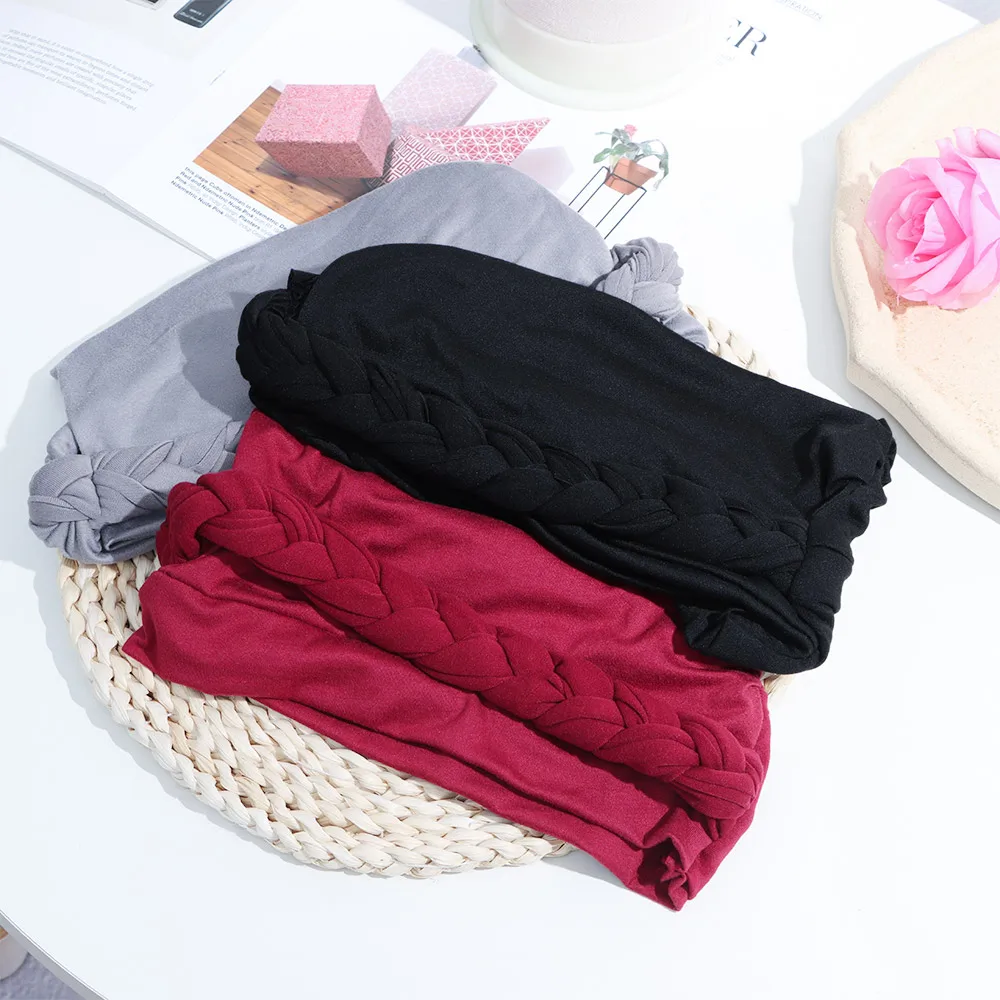 

Muslim Women Inner Caps Braided Bandanas Hijab Comfort Fashion Turban Hat Colorful Cross Knot Chemo Hats Head Wearing Turbante