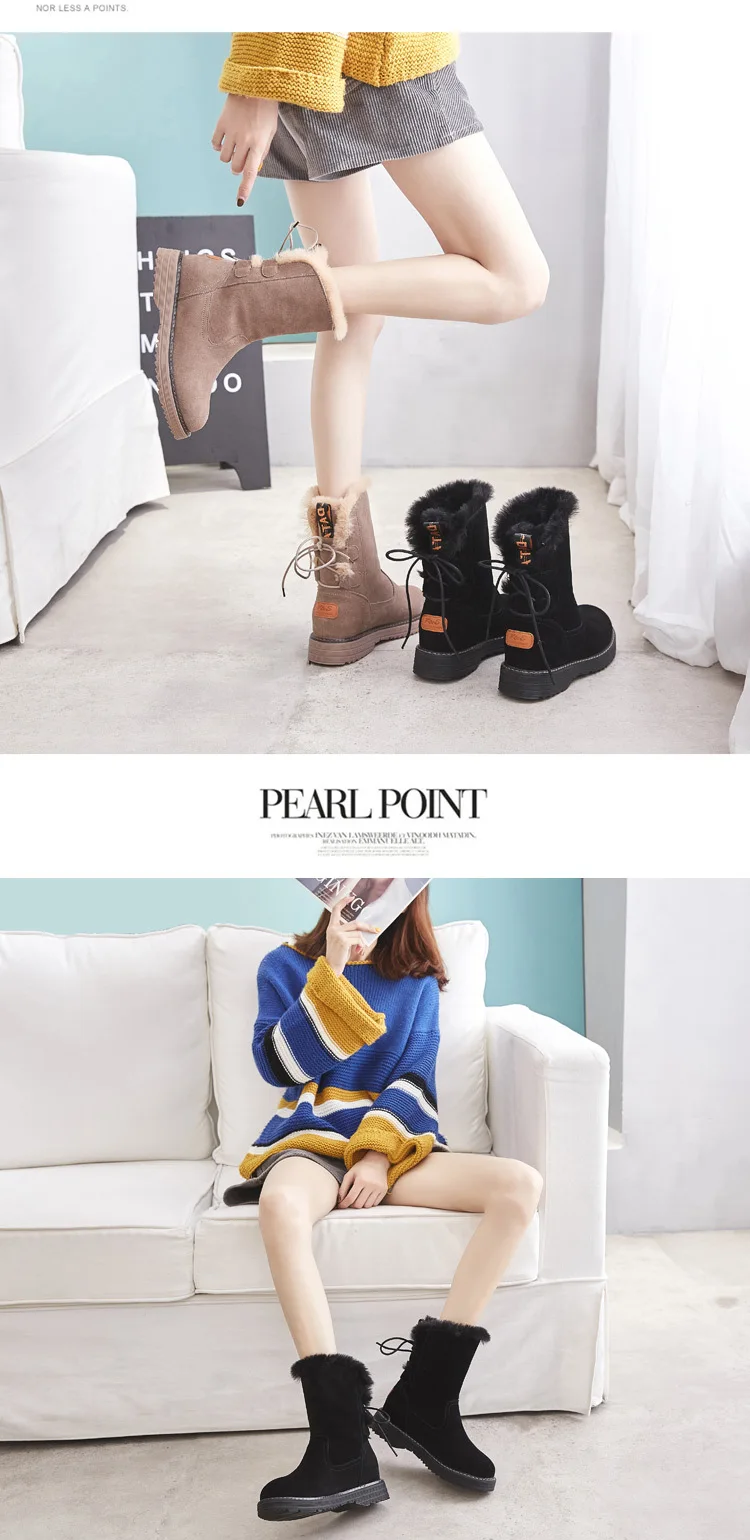 Winter Leather Warm Snow Shoes Women Boots mid-calf Plush Fur Velvet Boots Female shoes Booties Woman Footwear y190