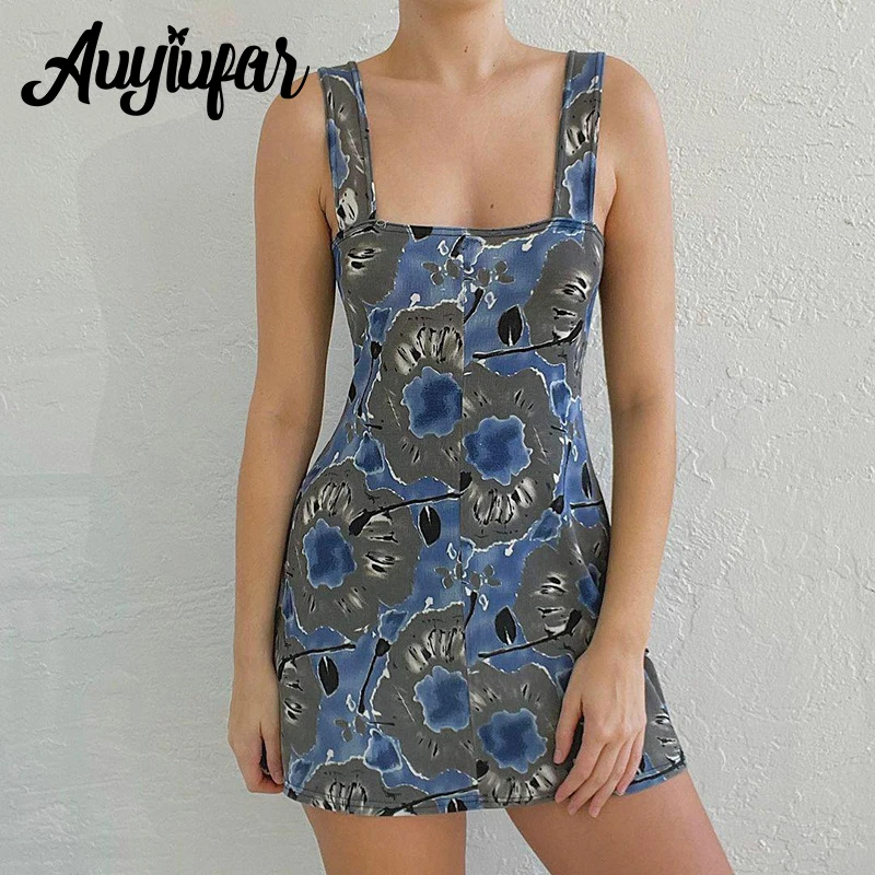 

Auyiufar Floral Pattern Retro Fairy Grunge Sling Mini Dress Y2k Goblincore Backless Aesthetic Elfcore Girl Outfit A Line Dresses