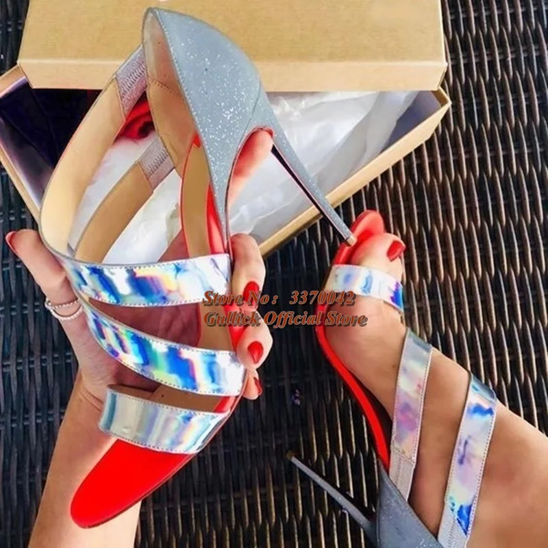 

Туфли-лодочки из ПВХ с переливающейся голограммой и открытым носком, блестящие туфли на шпильке, свадебные туфли разных цветов