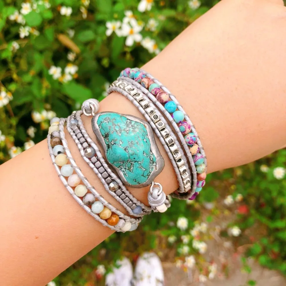 Drop Shipping Free EPacket Boho Braided Long Wrap Bracelet Natural Turquoise Stone Wholesale | Украшения и аксессуары