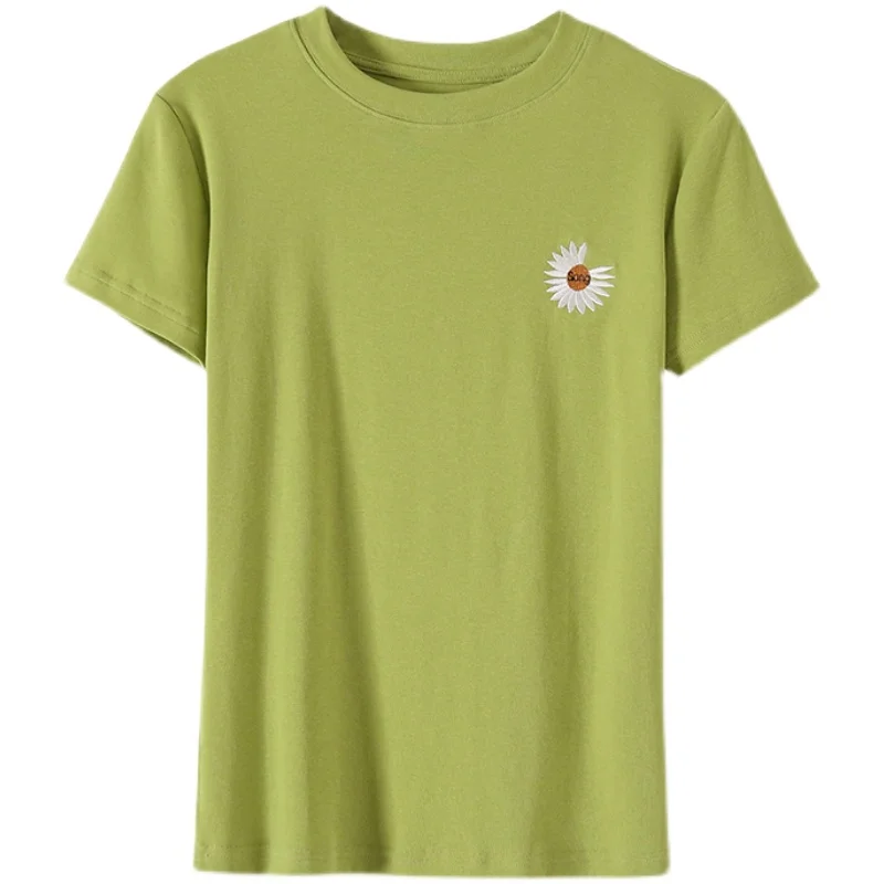 

2021 Summer T Shirt Cute Daisy Embroidery T-Shirt 100%Cotton Women Tshirts O Neck Short Sleeve Tee Candy Colors Tops