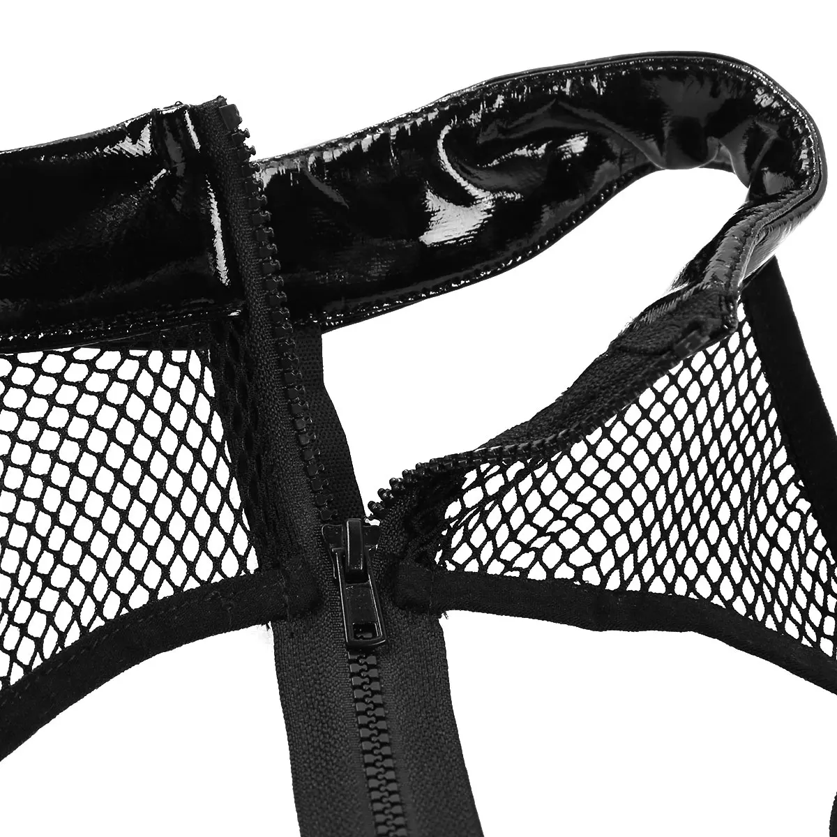 

Womens Lingerie Fishnet Bodysuit See Through Patchwork Lingerie Sleeveless PU Leather Bust High Cut Teddy Bodysuit Nightwear