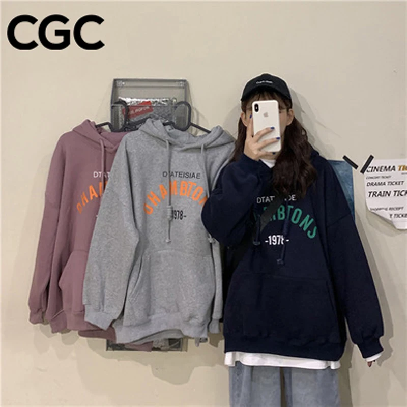 

Woman Casual Hoodies Letter Long Sleeve Sweatshirt Hip Hop Hooded Female Pullover oversized Pocket Pullover Korean Styl
