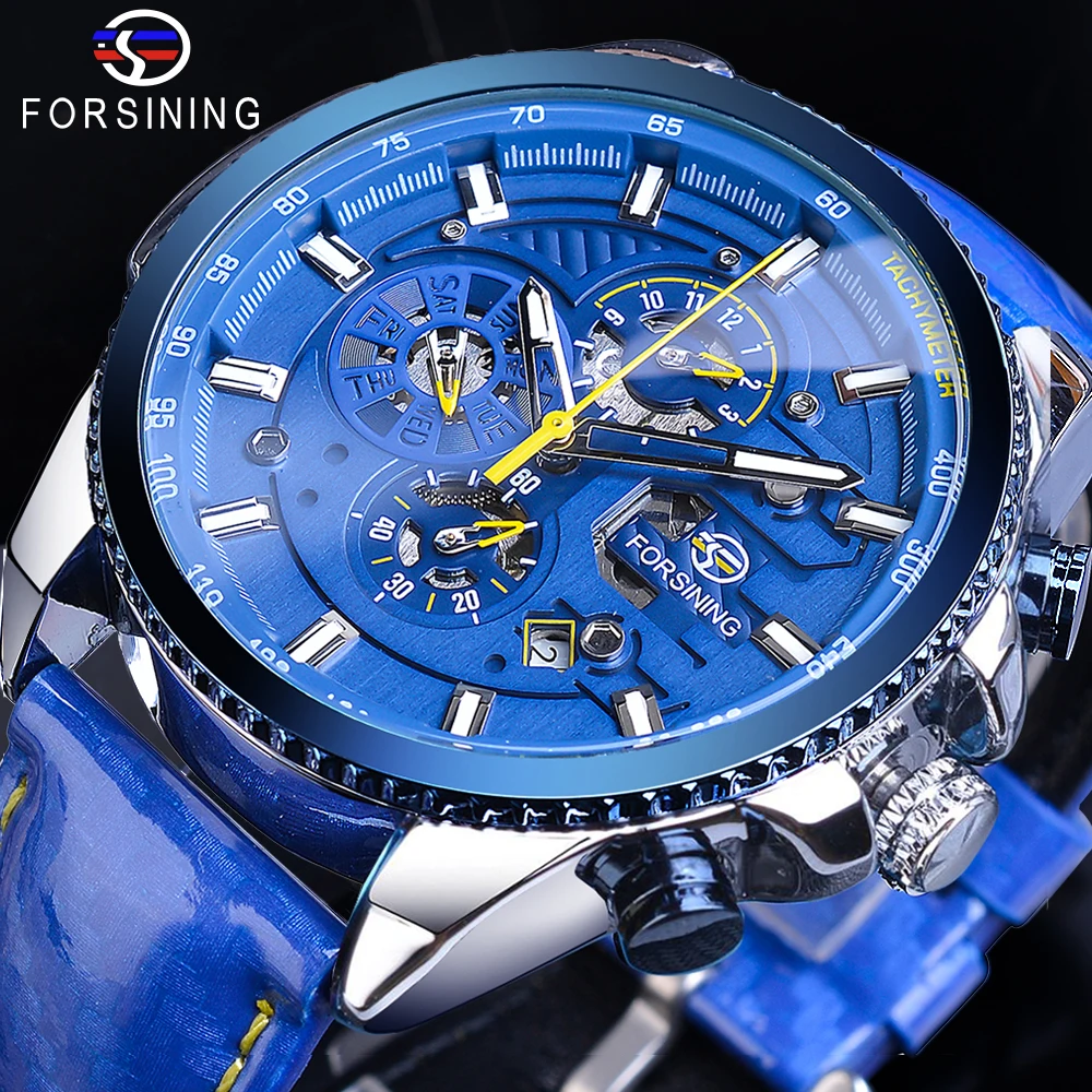 

Forsining Cool Automatic Watch Men's Blue Luxury Steel 3 Sub Dial Analog Date Day Polish Leather Strap Clock Mechanical Watches