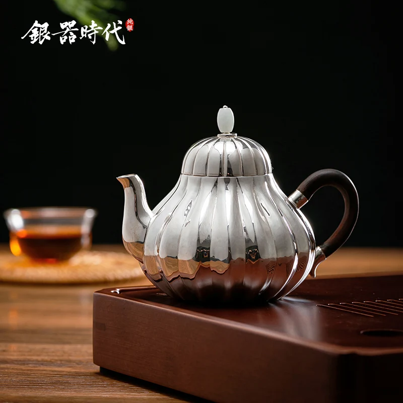 

Ag999 Sterling Silver Teapot Hand-Forged Tendon Grain Kitchen Utensils Built-in Filter Sandalwood Handle Handmade Coffee Tea Pot