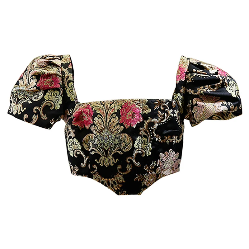 

2021 Summer New Vintage Puff Sleeve Irregular Zipper Square Collar Embroidered Jacquard Relief Short Small Shirt Women