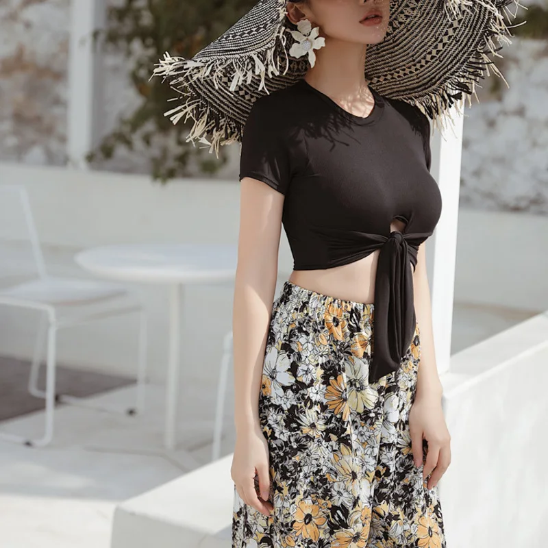 

women's separate body, conservative, belly covering, sexy, small chest, gathering Korean high waisted holiday ins style