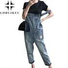 Комбинезон GODLIKEU женский джинсовый свободного покроя, винтажный синий Ромпер без рукавов, брюки в стиле хип-хоп, боди