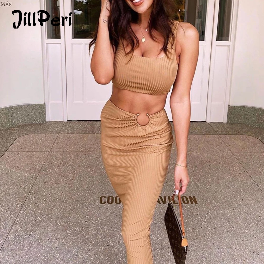 JillPeri женский ребристый укороченный топ и юбка миди комплект из 2 предметов летняя