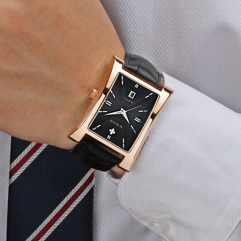 

Watch Men Top Brand Luxury Gold Black Square Watches For Men Leather Waterproof Date Clock Business Quartz Wrist Watch Box
