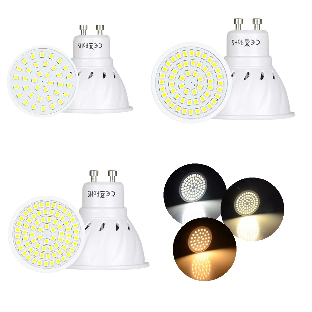 GU10 LED Spotlight Bulbs 110V 220V 2835 SMD 4W 6W 8W 36 54 72LEDs Cold Warm Neutral White GU 10 Base Lamp 12V 24V For Home Decor