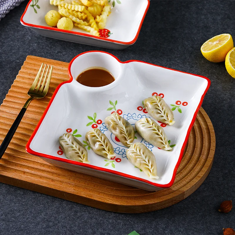 

Japanese-style Hand-painted Ceramic Dumpling Plate Divided Grid Ceramic Bowl Sauce and Vinegar Dish Baking Dish Dish