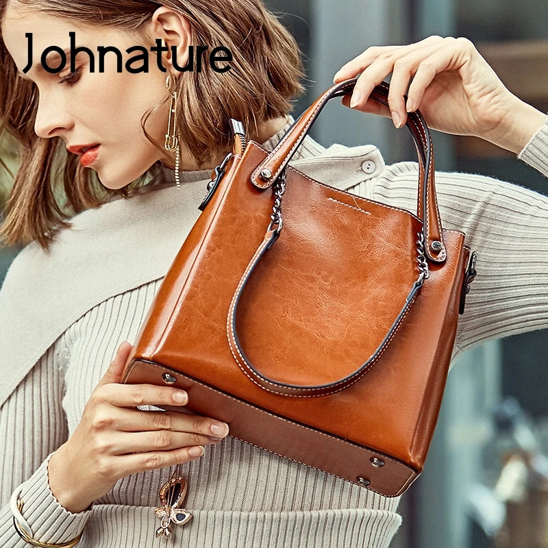 

Johnature 2021 New Fashion Oil Wax Cowhide Women Bag All-match Genuine Leather Handbag Solid Color Shoulder & Crossbody Bags