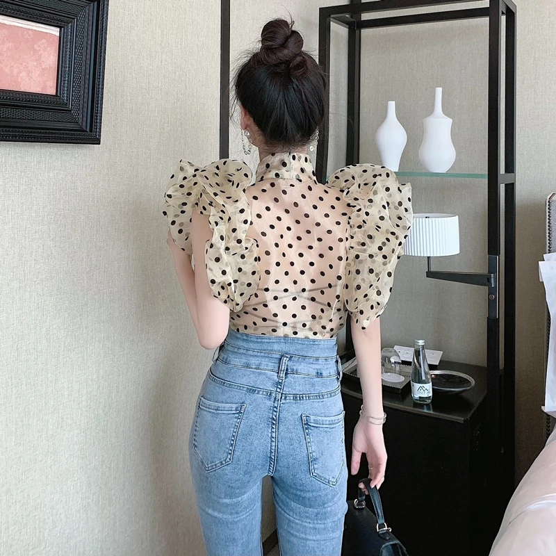 

2021 Summer New Bow Design Pullover Ladies Top Women New Ruffled French Royal Style Blouse Retro Gentle Elegant Polka Dot Shirt