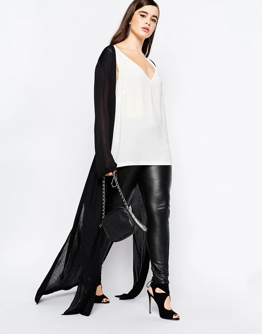 Женский кардиган макси с открытым спереди однотонный черный высоким разрезом и