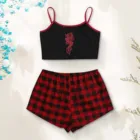 Комплект пижамный женский в клетку с принтом дракона, модный топ на бретелях, нижнее белье-шорты соблазнительное нижнее белье, ночная рубашка