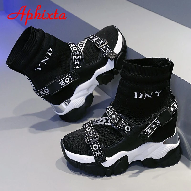 

Aphixta Height Increasing Boots Women Shoes knitting Platform Ankle Boots Stretch Fabric Mujer Fashion Buckle Woman Shoes