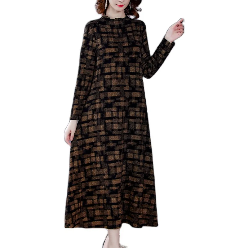 

Women Vintage High Neck Dress Casual Print A-Line Party Autumn Winter Fashion Long Sleeve Mid Dress Winter