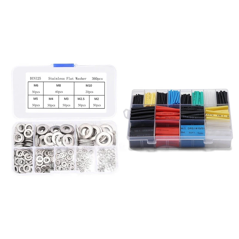 

940 Pcs Metal Accessories:360 Pcs Flat Washers Sealing Ring Set 8 Sizes & 580 Pcs Heat Shrink Tube 6 Colors 11 Sizes Set