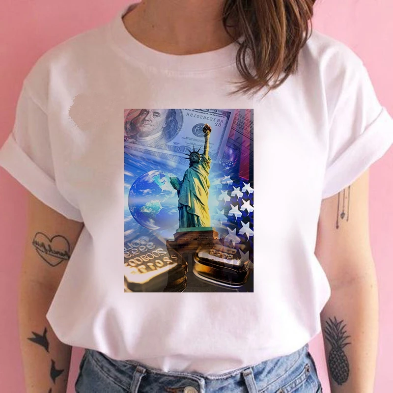 

Women Funny Vintage Vogue TShirt Women White O-Neck T-Shirt Summer Statue of Liberty T-shirt Femme Streetwear