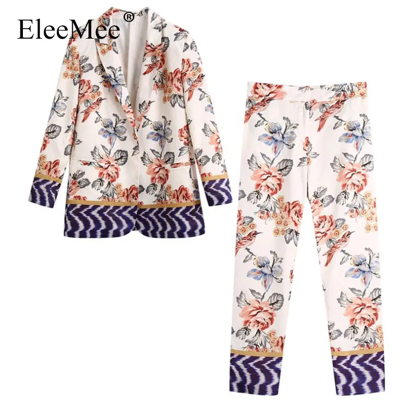 

EleeMee 2021 стильный Блейзер и брюки комплект пальто с отложным воротником и цветочным принтом прямой Повседневный богемный комплект из двух пр...