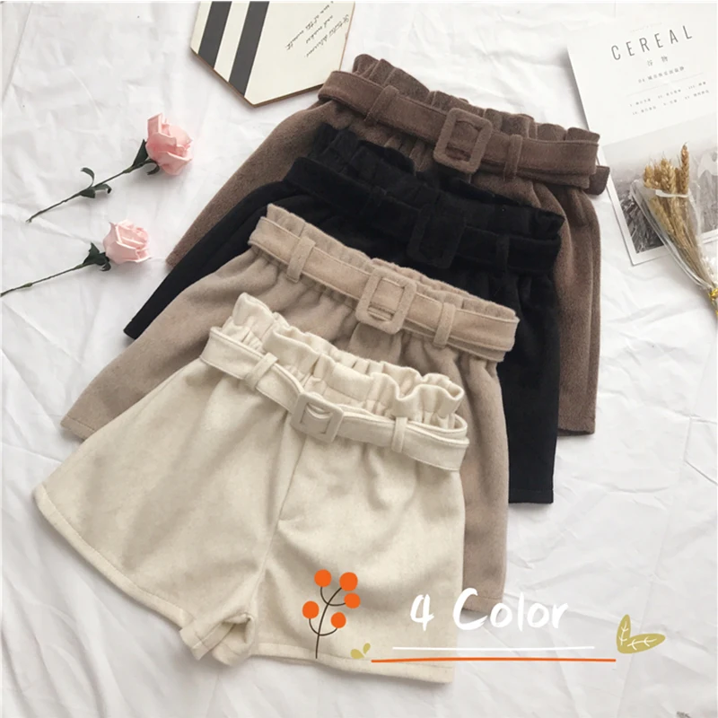 Шерстяные плотные женские свободные весенние шорты с поясом широкие эластичным