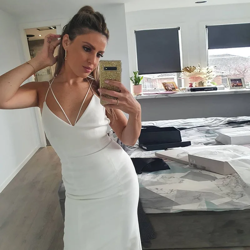 

2021 Summer Sexy Solid Color Deep V Mini Dress Women Suspenders Halter Sexy Dress Women White Dress