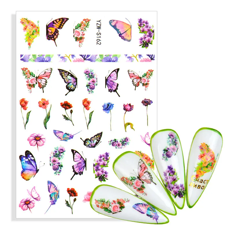 

3D Butterfly Flower Nail Stickers Colorful Butterflies Bouquet Rose Hydrangea Nail Self-adhensive Decal For Nails Decoration