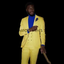 Amarelo ternos masculinos ajuste fino 3 peça/blazer + colete + calças/casamento melhor homem noivo wear/formal negócio masculino casaco/serge tecido conjunto fornecimento (4)