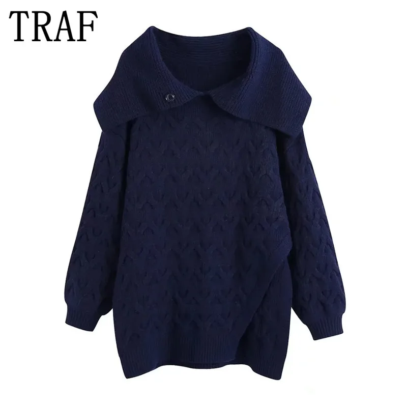 

TRAF Navy Blue Long Sweater Women Knitted Oversize Sweater Woman Winter 2022 Fashion Slit Long Sleeve Pullover Casual Jerseys
