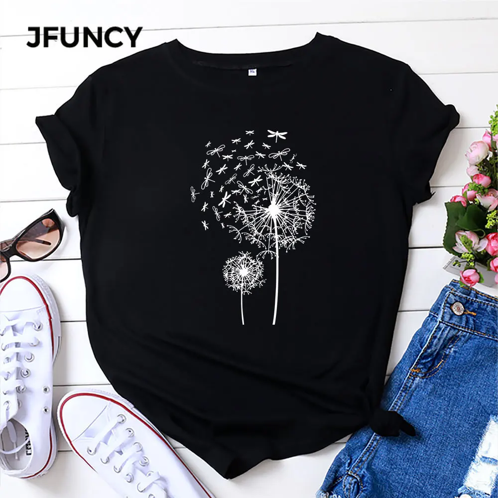 JFUNCY женская летняя футболка с принтом одуванчика Женская хлопковая Футболка