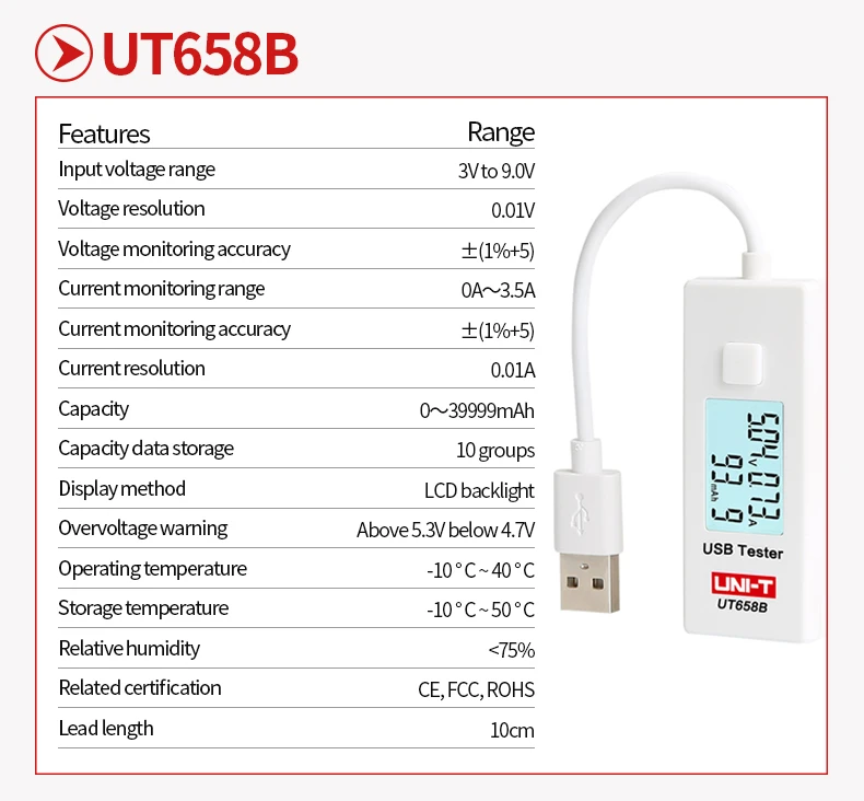 UNI-T UT658B USB тестер телефон компьютер зарядка Напряжение Ток энергии монитор ЖК-подсветка