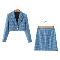 2 peices sets for women suit houndstooth suit jacket zip houndstooth mini skirt