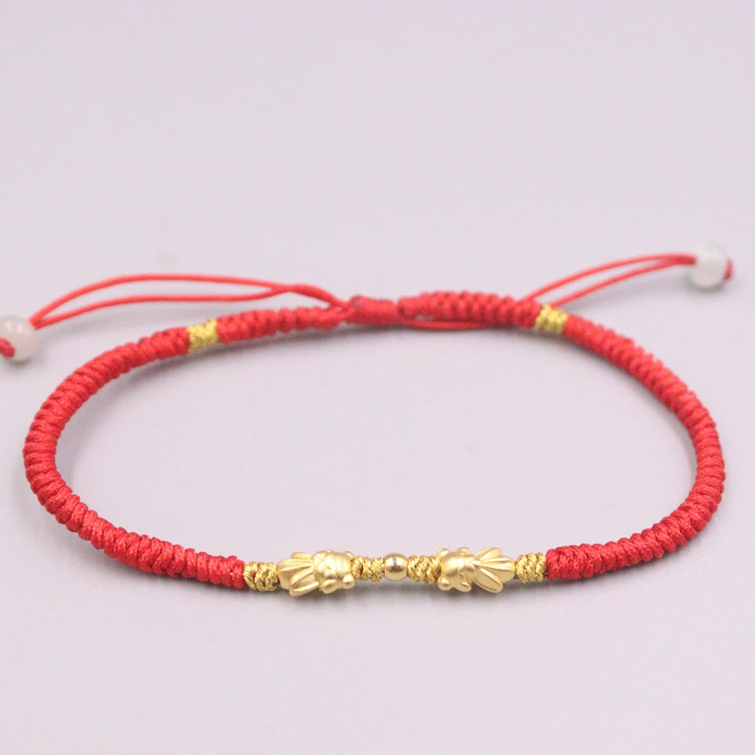 

1pcs Pure Gold 999 Gold Fish Red String Bracelet For Women Female DIY Couple Lover Black Rope Chain 16cmL