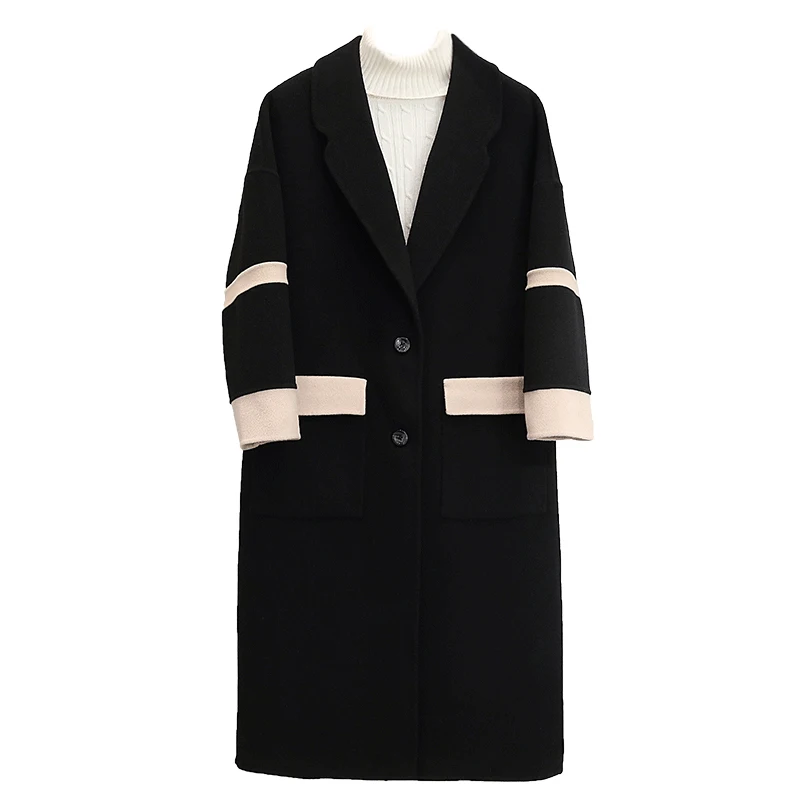 

2020 Autumn Winter New Women's Woolen Jacket Fashion Korean Patchwork Loose Long Overcoat Coats Casual Warm Female Wool Coat