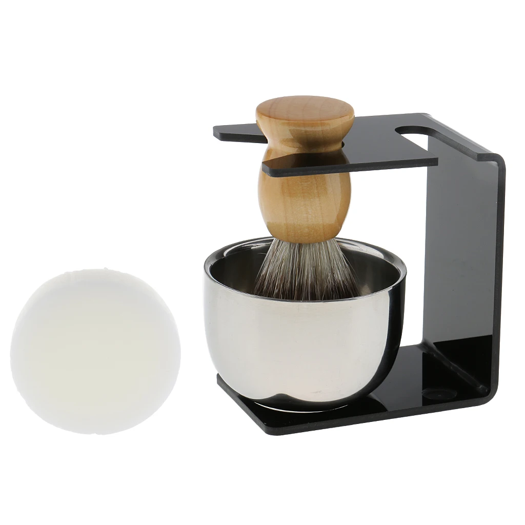 Wood Shaving Brush + Black Plastic Stand Stainless Steel Smooth Surface Bowl Cup Soap Set for Men Barber |