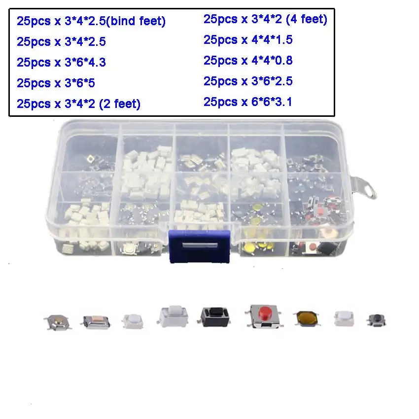 

250pcs/box 10 Models Car Remote Control Tablet Micro Switch Key Touch Tactile Push Button Component Diy Kit 4*4 3*6 3*4
