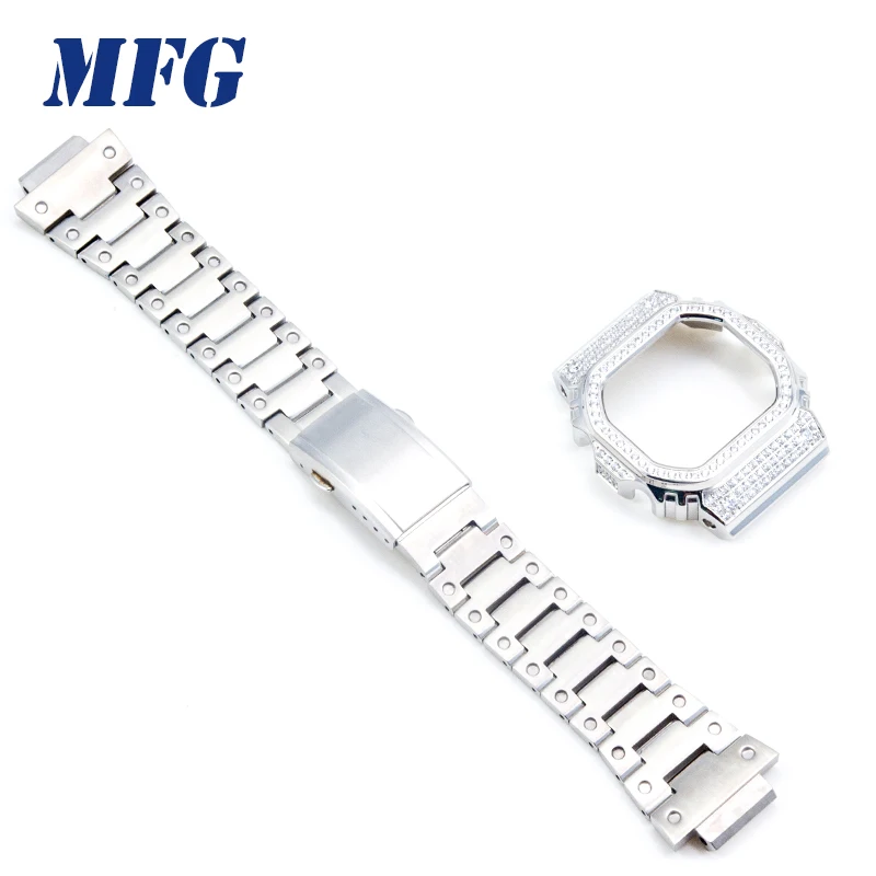 Sliver Set Алмазный металлический чехол для часов DW5600/5610 DW5000 из нержавеющей стали с рамкой для часов - Цвет ремешка: Sliver Set