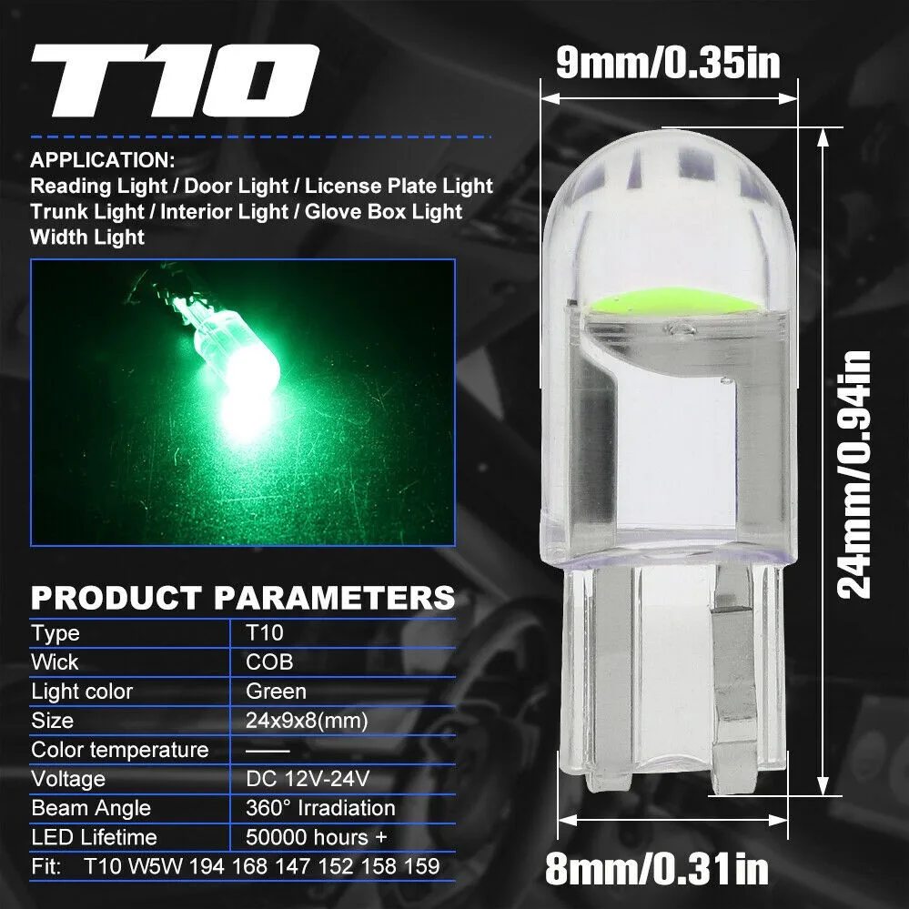 

158 T10 COB Light Bulbs 159 168 194 24x9x8 Mm 6000K Car Green Interior