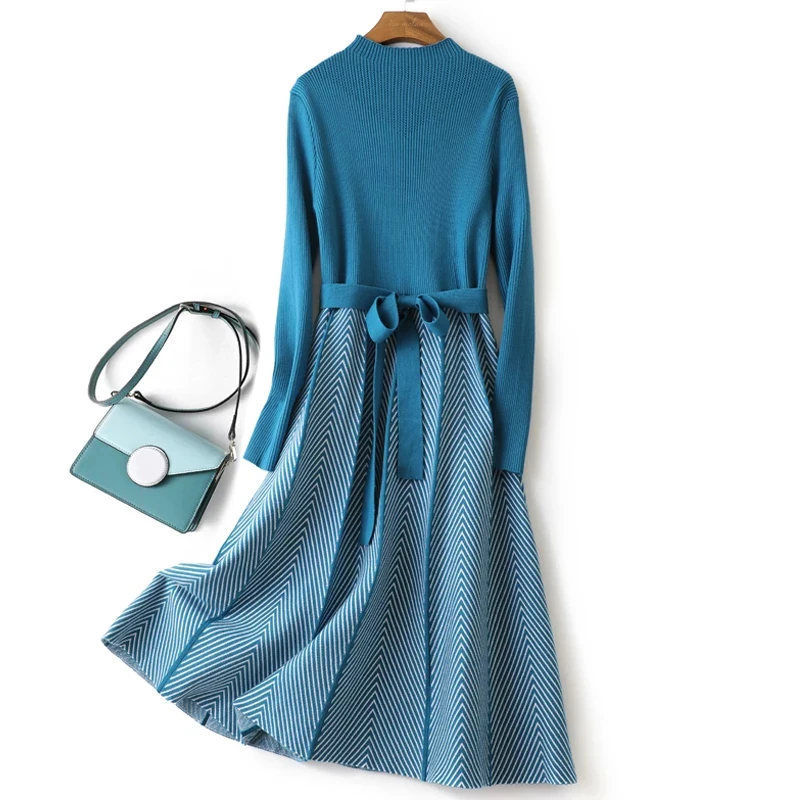 

Luxury Jacquard Long Knit Women Maxi Sweater Dress belt Turtleneck A Line Dresses Christmas Party Midi Dress Vestidos
