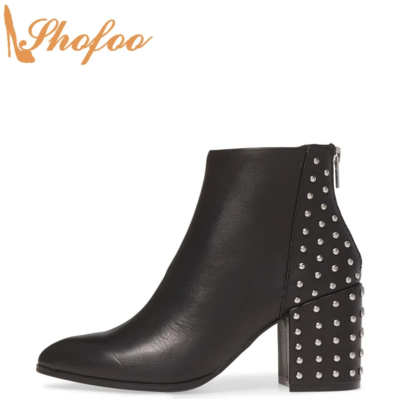 

Женские ботильоны с заклепками, черные ботинки на высоком массивном каблуке, с острым носком, на молнии, модные ботинки, большие размеры 13 15